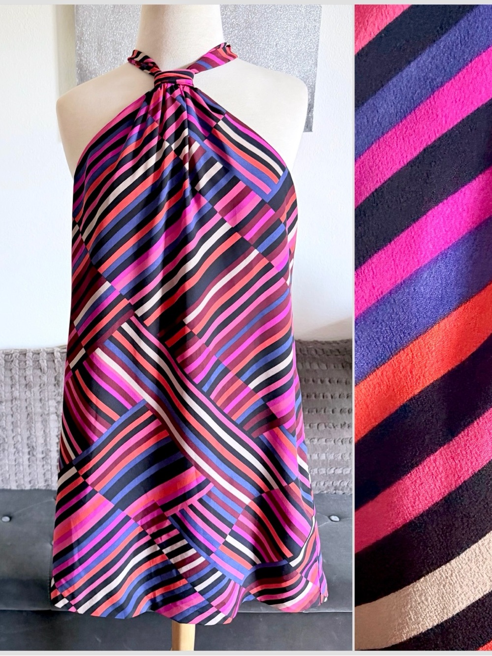 Trina Turk Colorful Geometric Halter Shift Dress Pink Purple Blue Lined